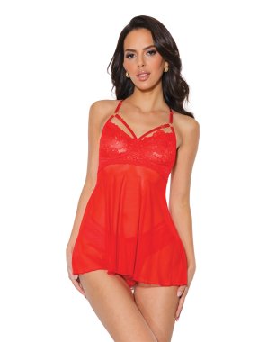 Holiday Scallop Stretch Lace & Mesh Babydoll & Thong Red/Gold XL