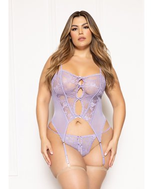 Floral Lace and Mesh Cami w/Attached Garters & Thong - Lavender QN