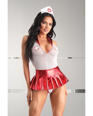 Play Pulse Check Collared Teddy w/Open Back, Pleated Skirt, Medic Hat & Pasties Red/White L/XL