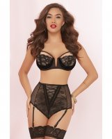 Galloon Lace Dot Mesh & Floral Bra & High Waist Panties w/Removable Garters Black MD