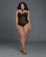 Venice Lace & Stretch Faux Leather Teddy w/Snap Crotch Black 3X