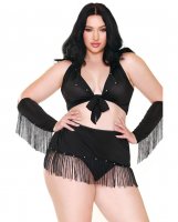 Curve Sassy in the Saddle Collared Top, Skirt, Cuffs, Skirt & Panty Black/White 1X/2X