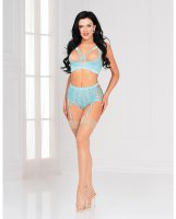 Floral Lace Underwire Quarter Cup Bra & High Waist Panty w/Attached Garters Blue SM