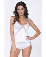 Satin Cami w/Dot Mesh Trim w/Matching Shorts White MD