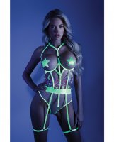 Glow Black Light Embroidered Cupless Garter Teddy (Pasties Not Included) Neon Chartreuse M/L