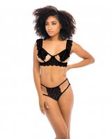 Sibella Open Cup Lace Bra, Crotchless Cage Panty & Removable Harness Black L/XL
