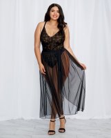 Stretch Lace Teddy (Modified Back) & Sheer Mesh Maxi Skirt w/Adjustable Straps & G-String Black 1X