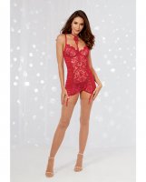 Holiday Underwire Venice Lace Garterslip w/Ruched Sides & G-String Rouge SM