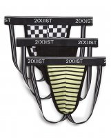 2XIST 3 pk Stretch Fashion Jock Strap Checkered, Black & Yellow Stripe MD