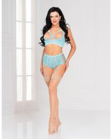 Floral Lace Underwire Quarter Cup Bra & High Waist Panty w/Attached Garters Blue LG