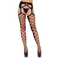 Diamond Net Opaque Stockings With Attached Garter Belt O/S Black