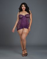Stretch Lace Garter Slip w/Removable Straps & Attached Side Garters & G-String Plum 1X