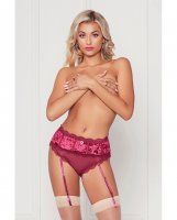 Holiday Velvet & Mesh High Waisted Panty w/Back Bow & Removable Garters Wine LG