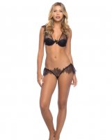 Colette Delicate Lace Bra & Skirted Lace Thong w/Removable Garter Straps Black XL