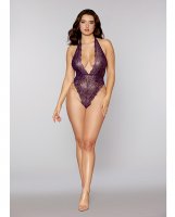 Holiday Gold Foil Lace Halter Teddy w/Gold Chain Aubergine/Gold O/S