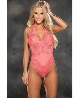 Floral Stretch Lace & Mesh Teddy Coral MD