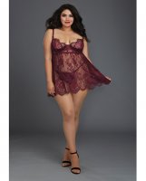 Eyelash Lace Babydoll w/Underwire Cups & Lace Thong Mulberry 3X