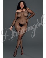 Fishnet Off the Shoulder Bodystocking w/Attached Collar Black QN