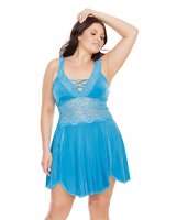 Scallop Stretch Lace & Microfiber Soft Cup Design Babydoll & Thong Blue OS/XL