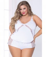 Satin Cami w/Dot Mesh Trim w/Matching Shorts White 1X/2X