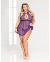 Lace & Point d'esprit Mesh High Neck Babydoll & G-String Purple 1X/2X