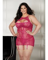 Collared Sheer Lace & Gartered Chemise Raspberry 1X