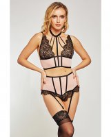 Estrella Lace & Stretch Sateen Bra & Garter Set Pink/Black MD