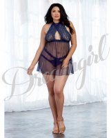 Sheer Mesh & Lace Halter Babydoll w/Panty Midnight QN