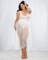 Stretch Lace Teddy (Modified Back) & Sheer Mesh Maxi Skirt w/Adjustable Straps & G-String White 2X