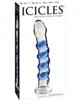 Icicles No. 5 Hand Blown Glass Massager - Clear w/Blue Swirls