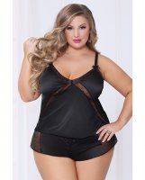 Satin Cami w/Dot Mesh Trim w/Matching Shorts Black 1X/2X