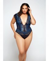 Lace & Mesh Deep V Teddy Blue 1X