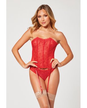 Valentines Heart Embroidered Mesh Bustier & Panty Red MD