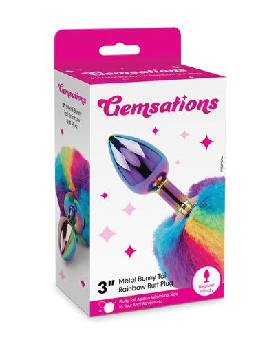 Gemsations 2.95\" Metal Bunny Tail Rainbow Butt Plug - Rainbow