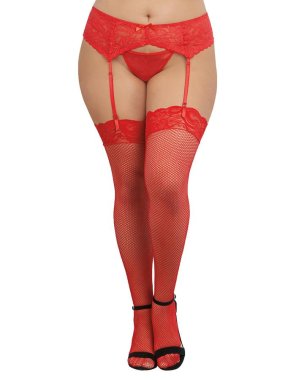 FISHNET THIGH HIGHS W/ LACE TOP RED Q/S