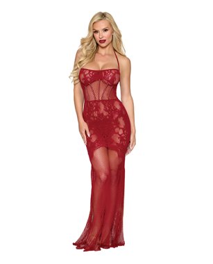 Lace and Mesh Seamless Halter Bodystocking Gown w/Rhinestone Details - Ox Blood O/S
