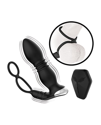 Ass-station Remote Prostate Power Plug w/Cock & Ball Ring - Black