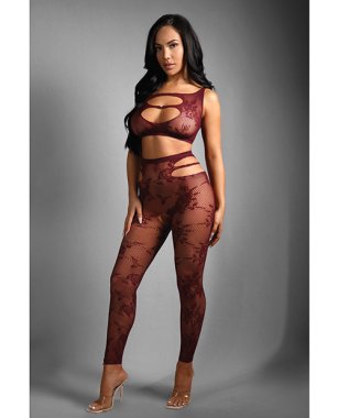 Sheer Undivided Attention Cut-out Lace Top w/ Crotchless Tights - Burgundy O/S