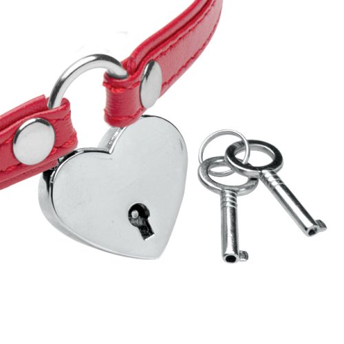 Heart Lock Leather Choker w Key - Red