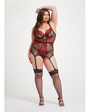 Floral Embroidered Lace Chemise w/Adjustable Garters & Thong Black/Red 1X/2X