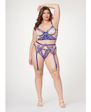 Sheer Stretch Mesh w/Floral Contrast Embroidery Bustier, Garter Belt & Thong Blue/Nude 3X/4X