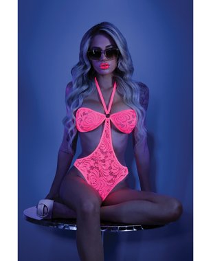 Glow Black Light Halter Bodysuit w/Open Sides Neon Pink L/XL