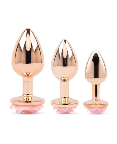 Gemsations 3 pc 2.75\" & 3.15\" & 3.7\" Rose Metal Butt Plug Training Set - Rose Gold