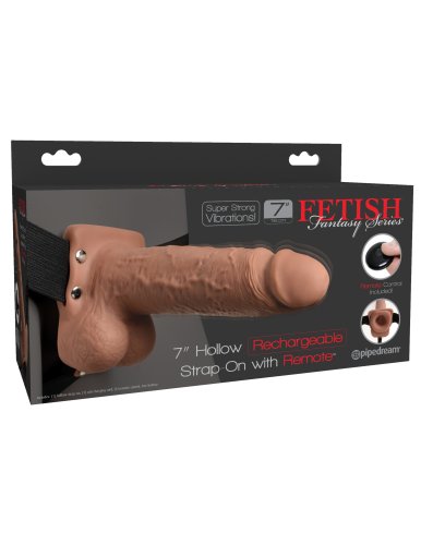 FETISH FANTASY 7 IN HOLLOW RECHARGEABLE STRAP-ON REMOTE TAN