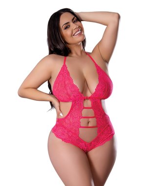 Get It Girl Lace Halter Teddy w/Snap Crotch - Pink QN