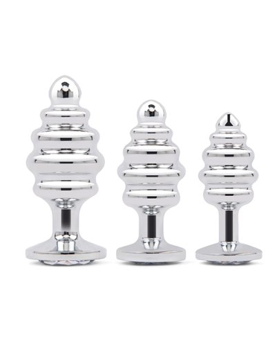 Gemsations 3 pc 2.95\" & 3.25\" & 3.7\" Ripple Bling Bling Metal Butt Plug Training Set - Silver