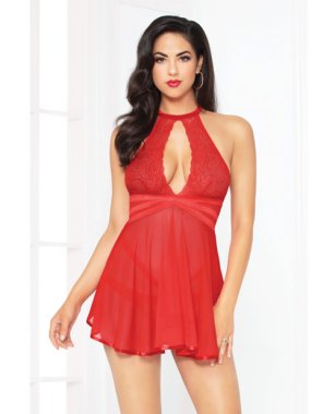 Lace Mesh Babydoll w/Strappy Waist & Panty w/Criss Cross Waistband Red MD