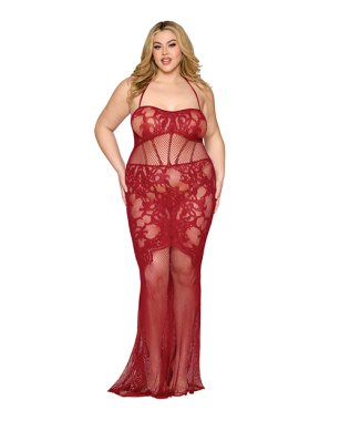 Lace and Mesh Seamless Halter Bodystocking Gown w/Rhinestone Details - Ox Blood QN