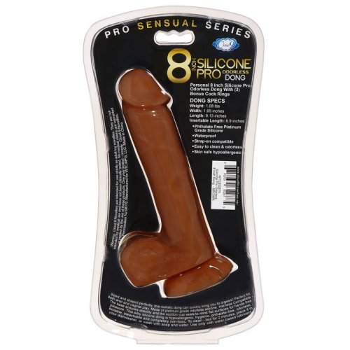 PRO SENSUAL PREMIUM SILICONE DONG W/ 3 C RINGS BROWN 8 \"