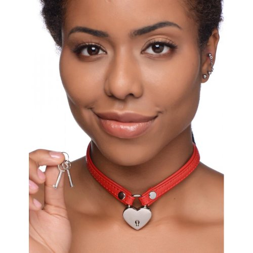 Heart Lock Leather Choker w Key - Red